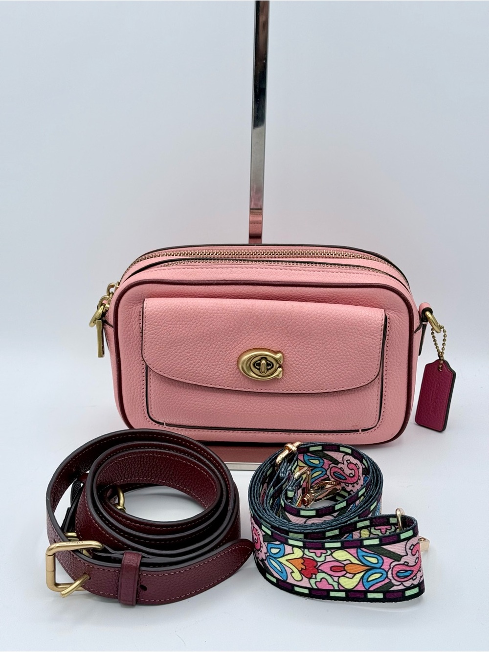 Coach Willow Camera Bag Colorblock Candy Pink Crossbody and Guitar Strap C0695